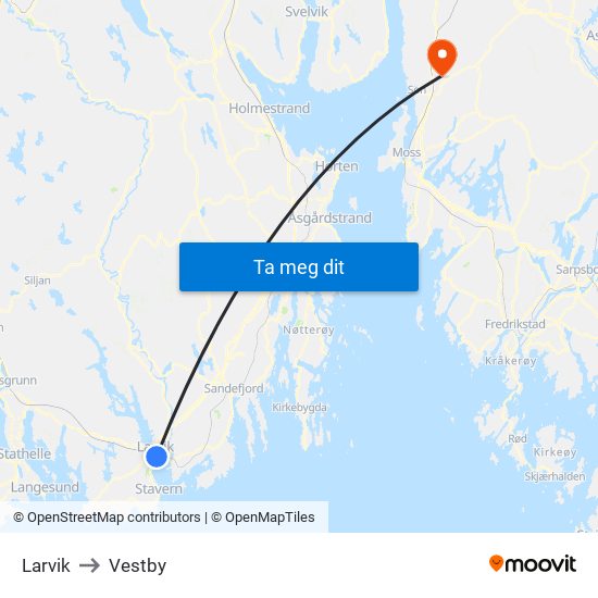 Larvik to Vestby map