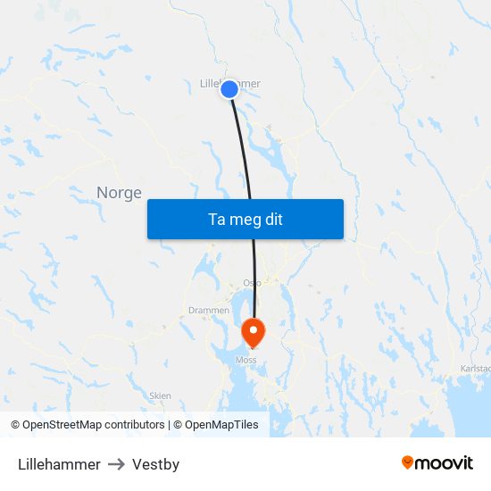 Lillehammer to Vestby map