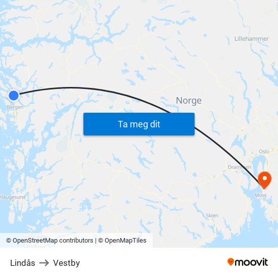 Lindås to Vestby map