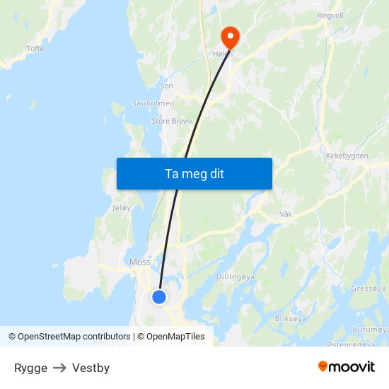 Rygge to Vestby map