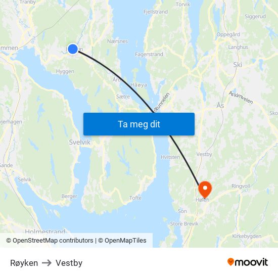 Røyken to Vestby map