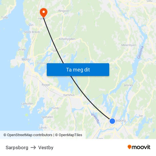 Sarpsborg to Vestby map