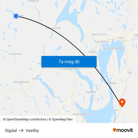 Sigdal to Vestby map