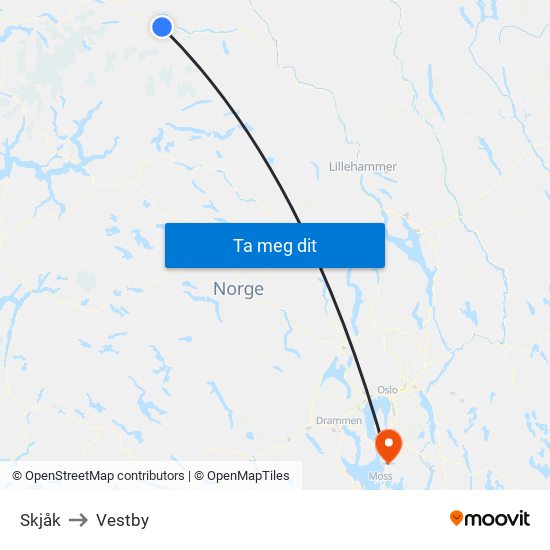 Skjåk to Vestby map