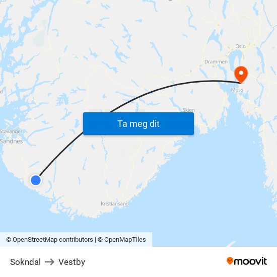 Sokndal to Vestby map