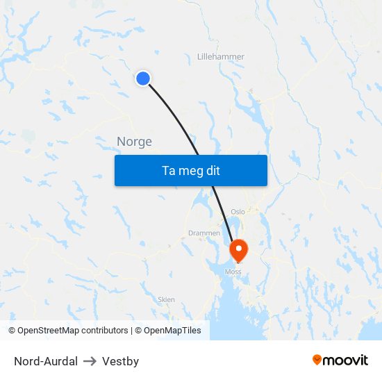 Nord-Aurdal to Vestby map