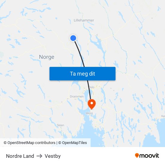 Nordre Land to Vestby map