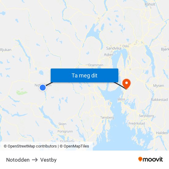Notodden to Vestby map