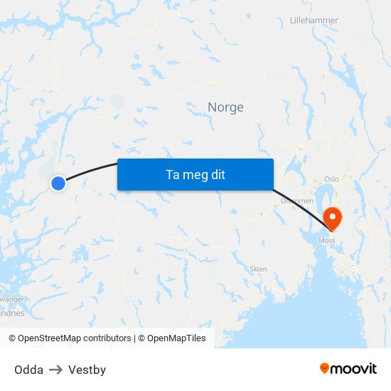 Odda to Vestby map