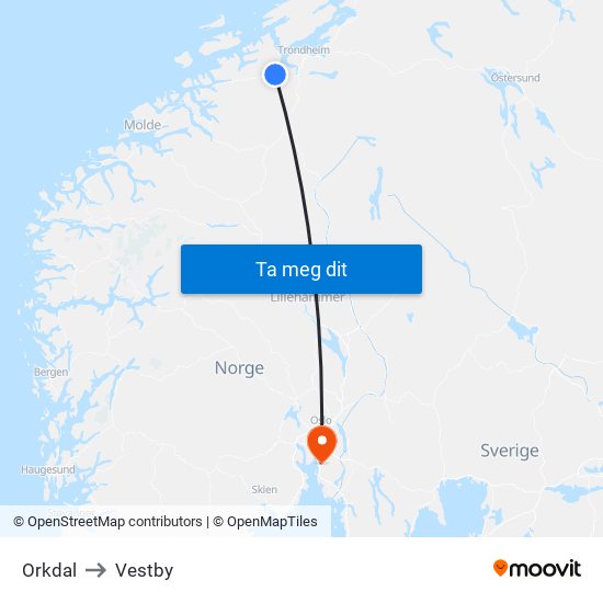 Orkdal to Vestby map