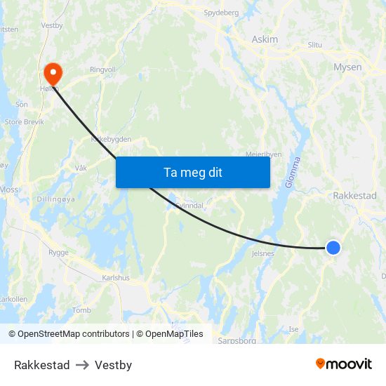 Rakkestad to Vestby map