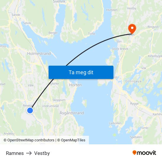 Ramnes to Vestby map