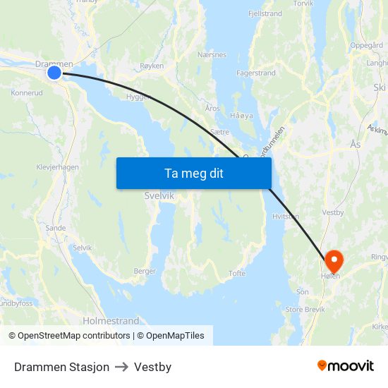 Drammen Stasjon to Vestby map