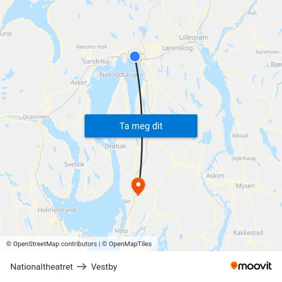 Nationaltheatret to Vestby map