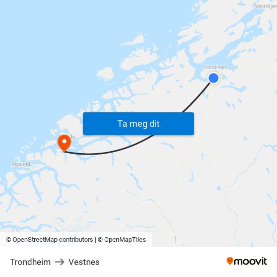 Trondheim to Vestnes map