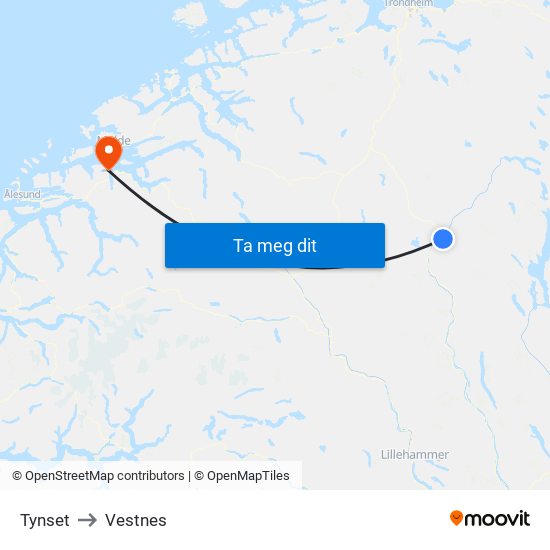 Tynset to Vestnes map