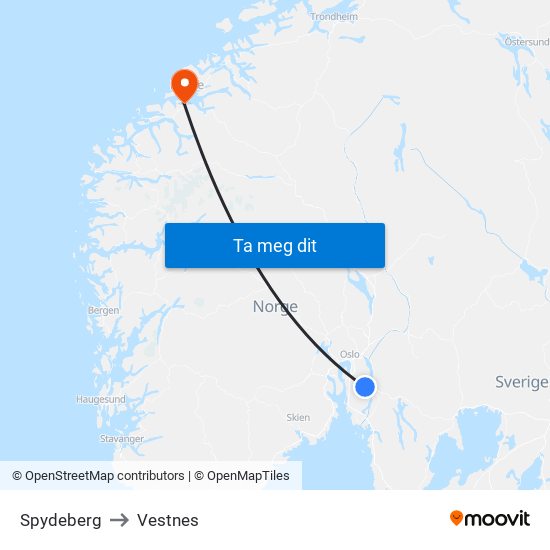 Spydeberg to Vestnes map