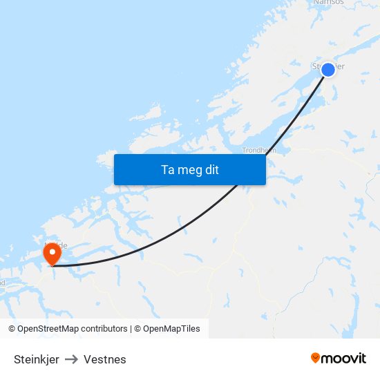 Steinkjer to Vestnes map