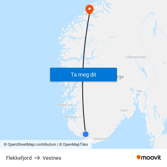 Flekkefjord to Vestnes map