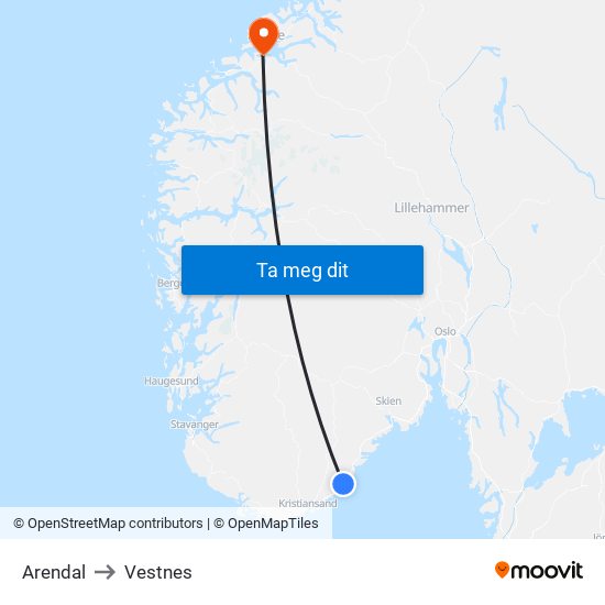 Arendal to Vestnes map