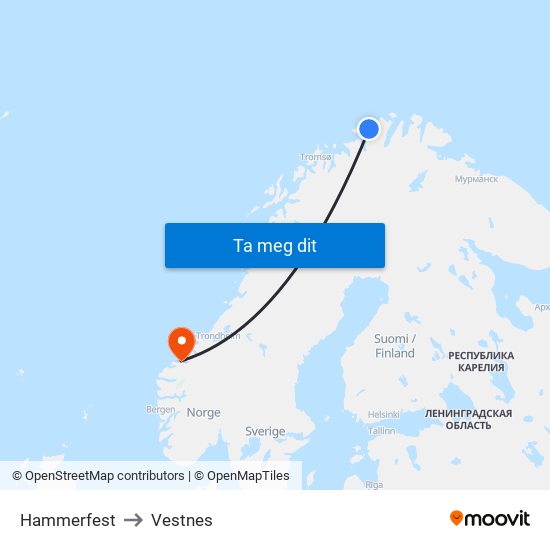 Hammerfest to Vestnes map