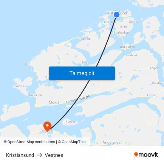 Kristiansund to Vestnes map