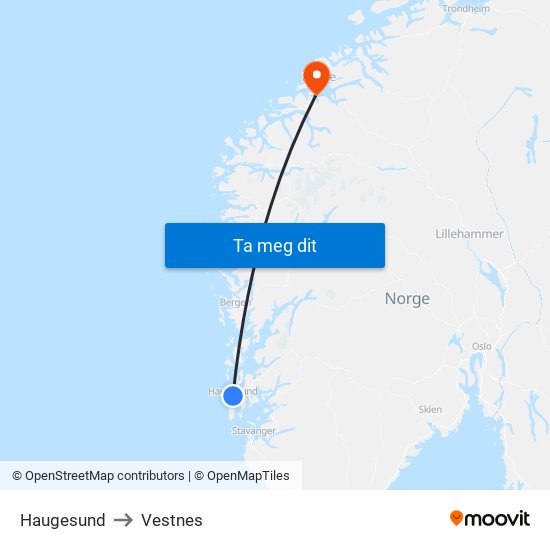 Haugesund to Vestnes map