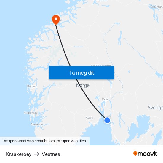Kraakeroey to Vestnes map
