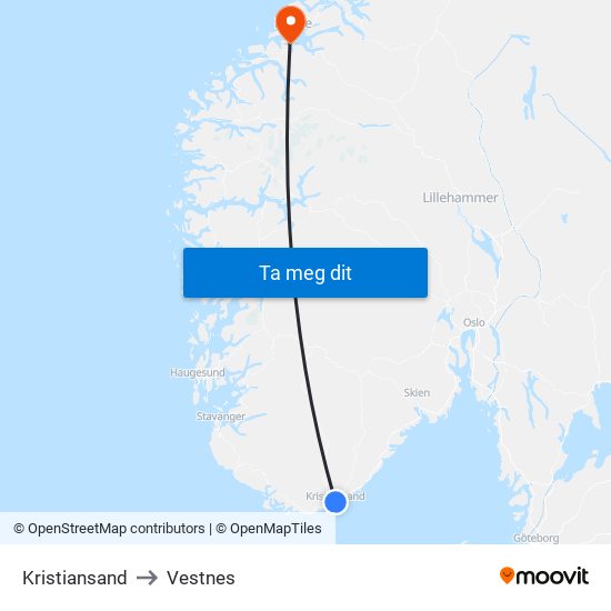 Kristiansand to Vestnes map