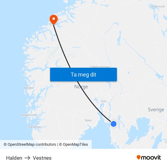 Halden to Vestnes map