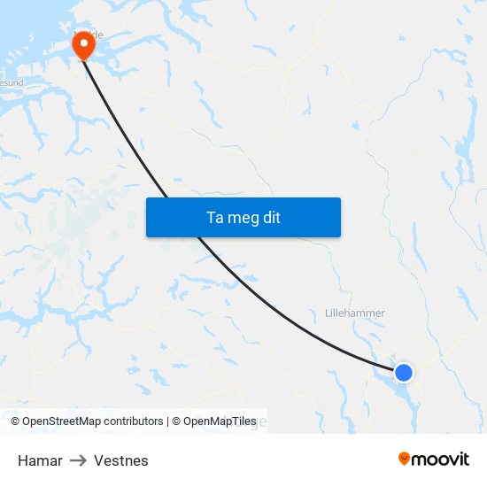 Hamar to Vestnes map