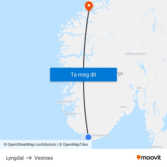 Lyngdal to Vestnes map