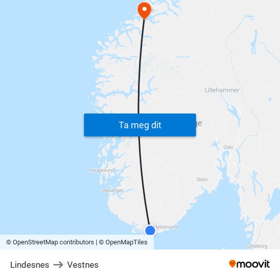 Lindesnes to Vestnes map