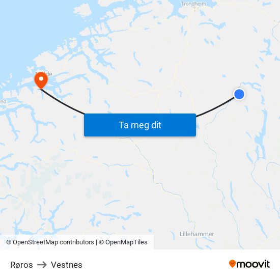 Røros to Vestnes map