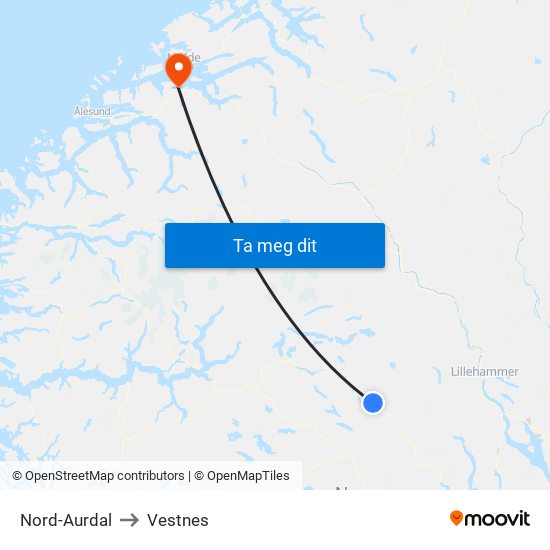 Nord-Aurdal to Vestnes map