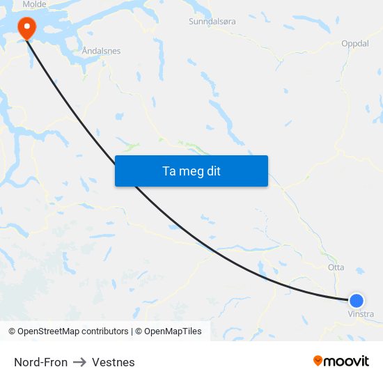 Nord-Fron to Vestnes map