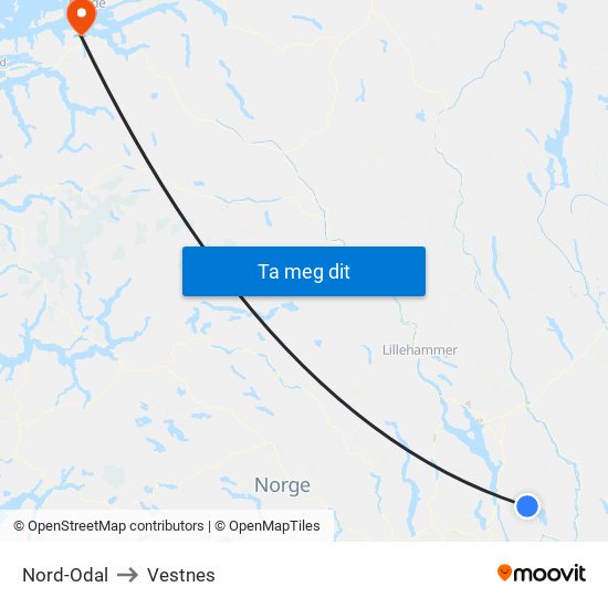 Nord-Odal to Vestnes map