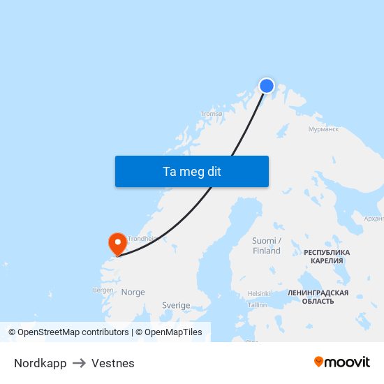 Nordkapp to Vestnes map