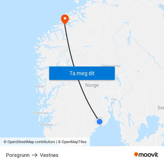 Porsgrunn to Vestnes map