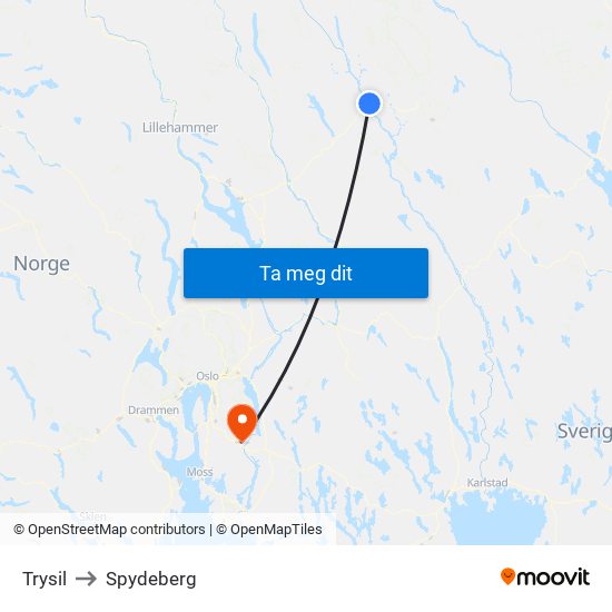 Trysil to Spydeberg map