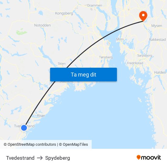 Tvedestrand to Spydeberg map