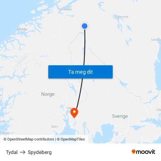 Tydal to Spydeberg map