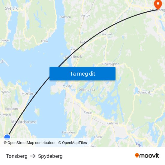 Tønsberg to Spydeberg map