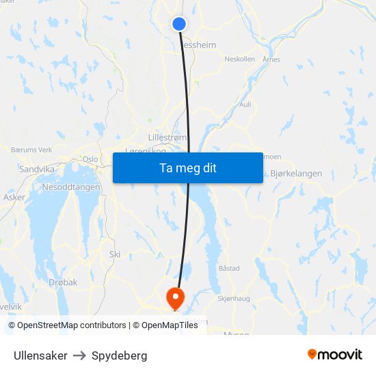 Ullensaker to Spydeberg map