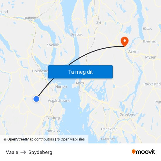 Vaale to Spydeberg map