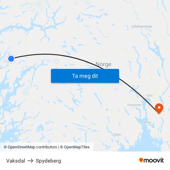 Vaksdal to Spydeberg map