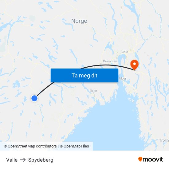 Valle to Spydeberg map