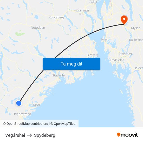 Vegårshei to Spydeberg map