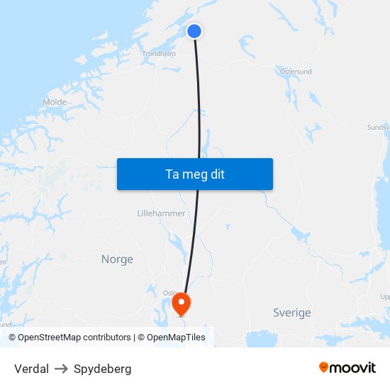 Verdal to Spydeberg map