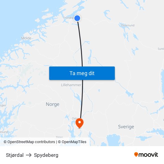 Stjørdal to Spydeberg map